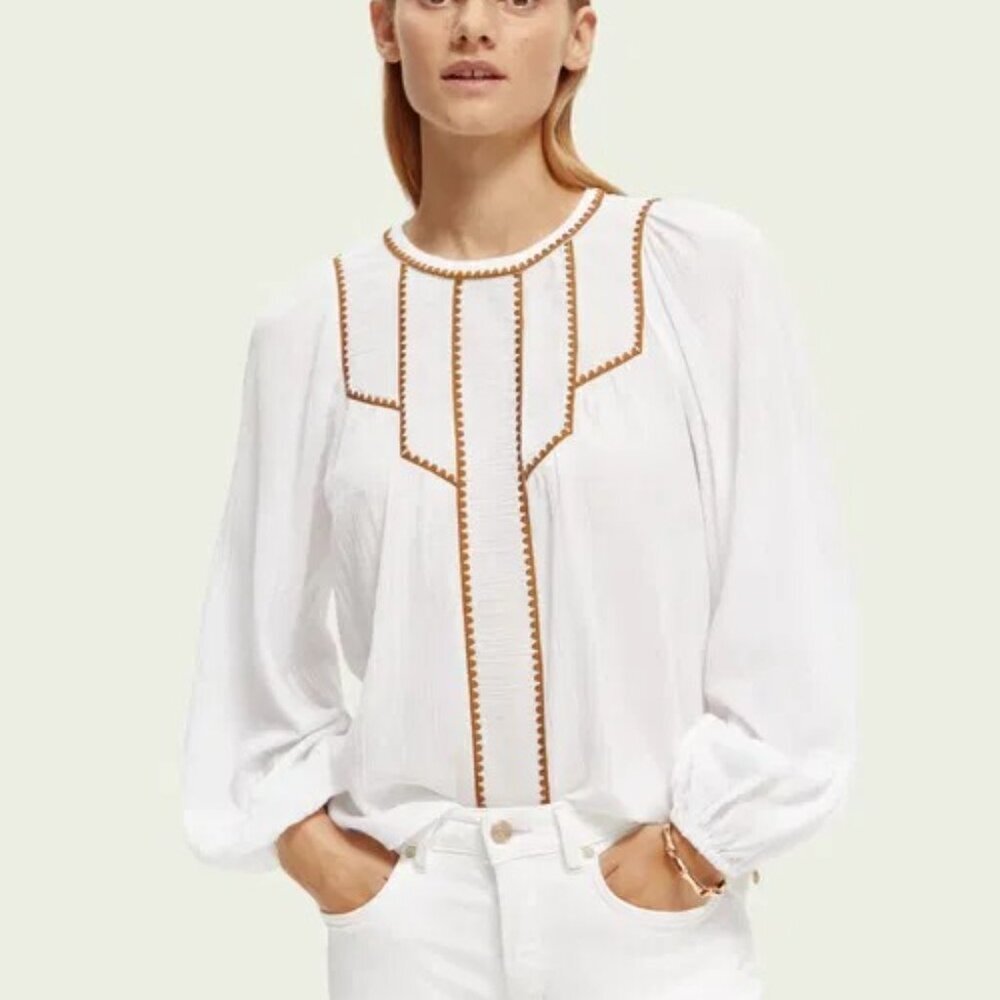 Scotch & Soda Embroidered Organic Cotton Blouse Boho Peasant White - Small